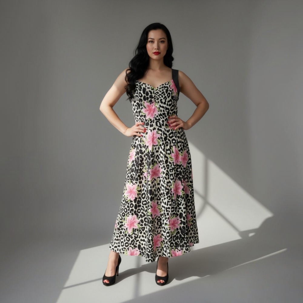 Loco Lindo Midi Dress Womens Medium Leopard Floral Polka Dot Rayon Pin-up Retro
